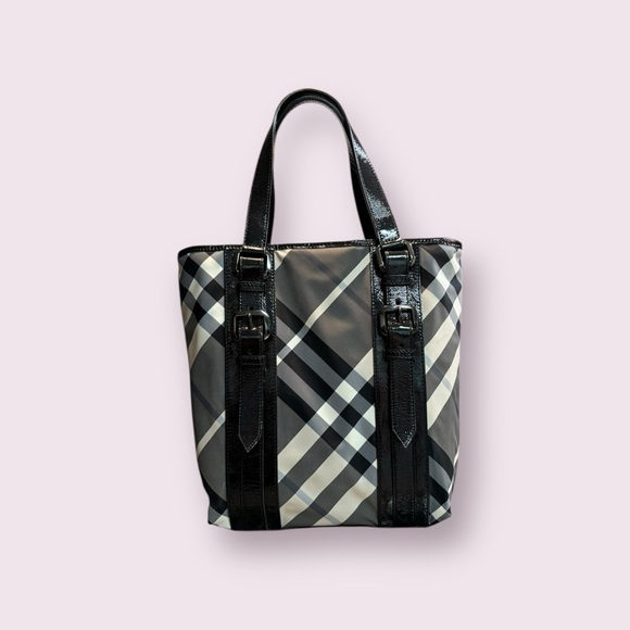 BURBERRY Beat Check Patent Leather and Nylon Victoria Medium Tote